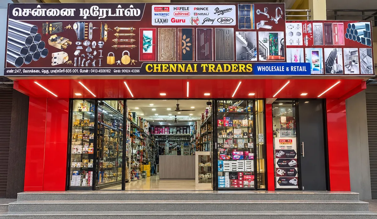 The Chennai Traders storefront in Puducherry, with glass display windows and a signboard showing doors, pipes and fittings