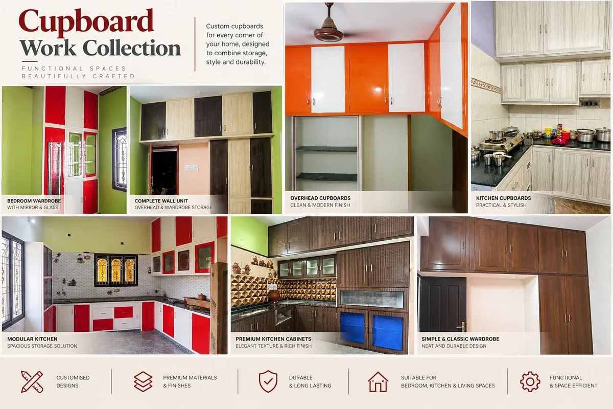 Cupboard work collection showing a bedroom wardrobe, wall unit, overhead cupboards, kitchen cupboards, modular kitchen and premium kitchen cabinets