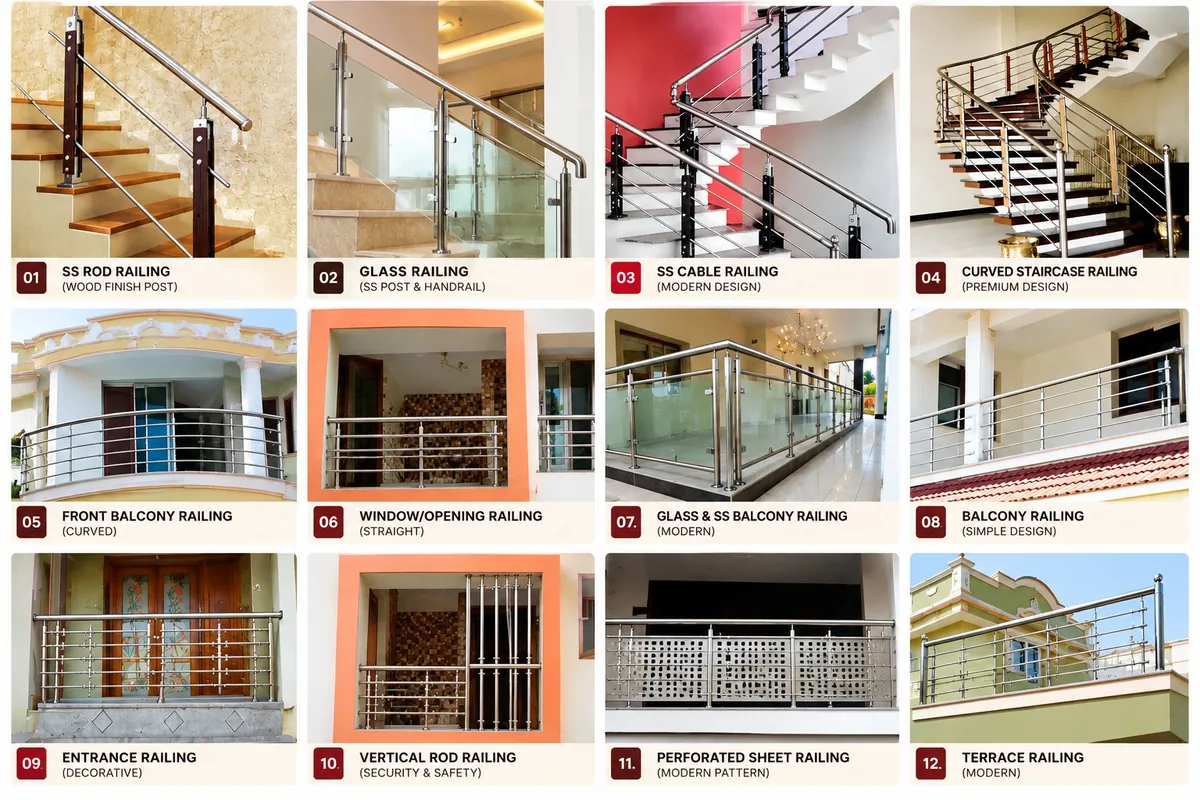 Architectural railing design catalog showing twelve railing designs: SS rod, glass, cable, curved staircase, balcony, window, entrance, vertical rod, perforated sheet and terrace railings
